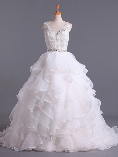 A-line Straps Organza Lace Wedding Dress Ruffles Beads
