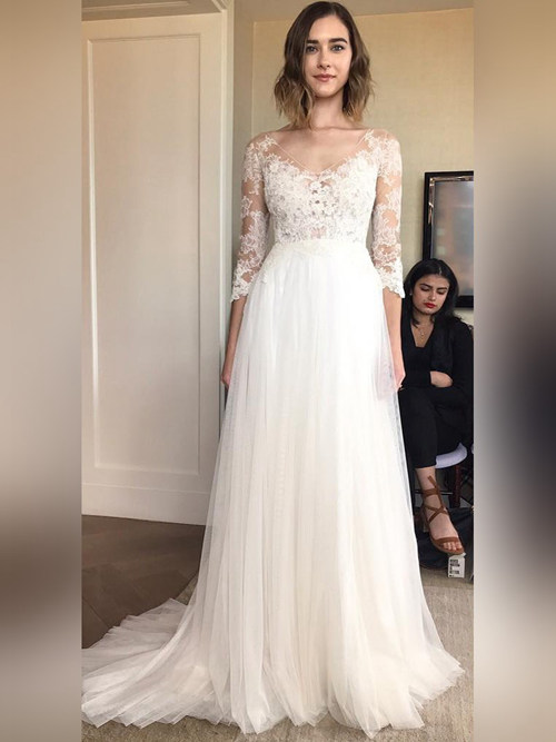 A-line V Neck Lace Sleeves Tulle 2018 Bridal Dress