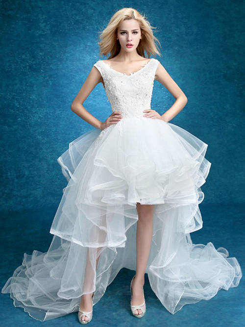 A-line V Neck Organza Hi Lo 2018 Bridal Dress Applique