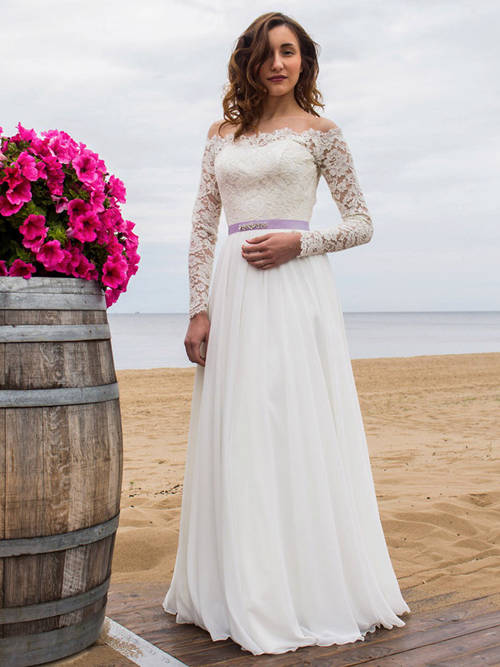 A-line Off Shoulder Lace Sleeves Chiffon Wedding Dress 2018