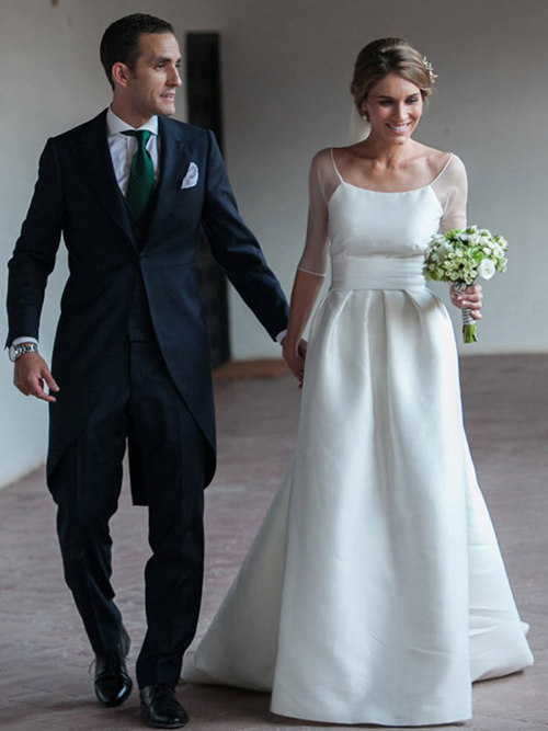 A-line Satin Sleeves Detachable Train 2018 Wedding Dress