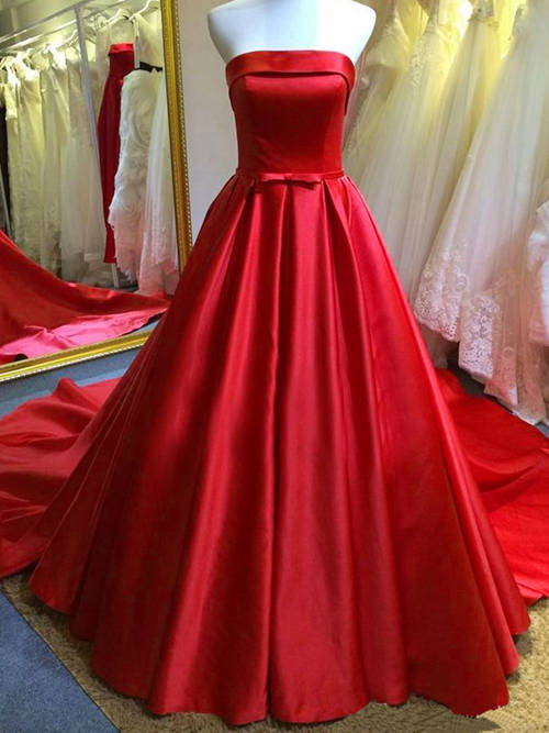 A-line Strapless Satin Red Wedding Dress 2018