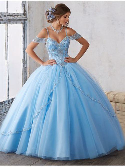 Ball Gown Off Shoulder Tulle Blue Bridal Dress 2018 Beads
