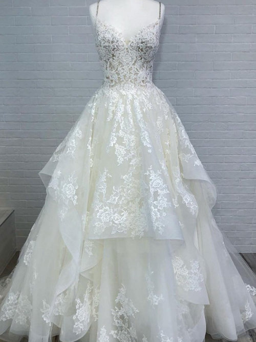 A-line Spaghetti Straps Organza Lace 2018 Wedding Dress