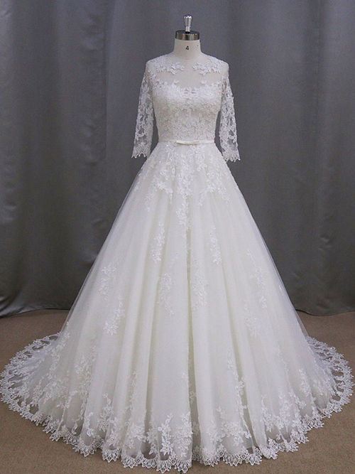 A-line Sheer Lace Sleeves Tulle 2018 Wedding Gown