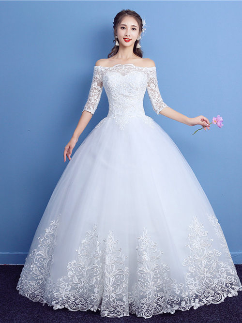 Ball Gown Off Shoulder Tulle Lace Sleeves Wedding Wear 2018
