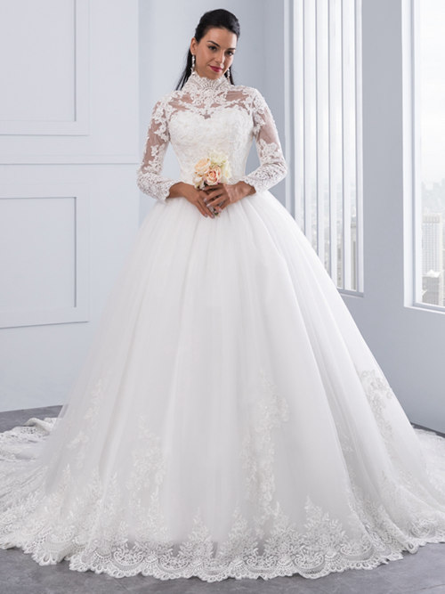 Ball Gown High Neck Tulle Lace Sleeves 2018 Wedding Wear