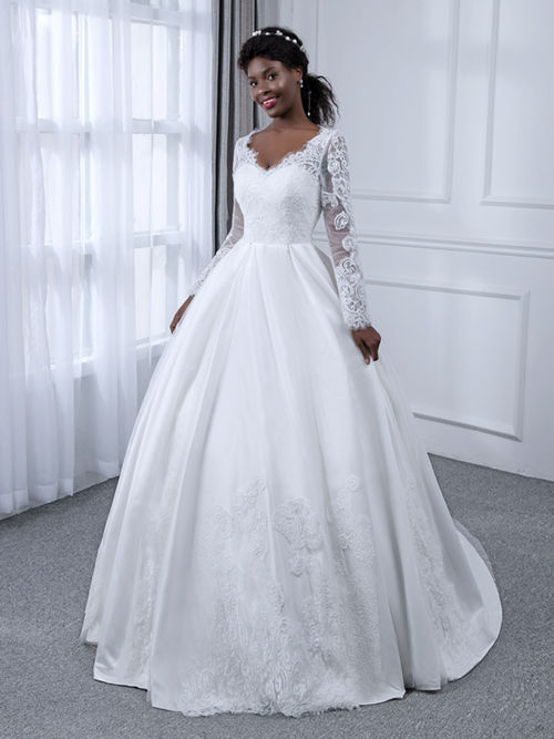 Ball Gown V Neck Lace Sleeves Satin Wedding Wear 2018