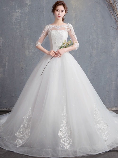 Ball Gown Sheer Lace Sleeves Tulle Bridal Wear 2018