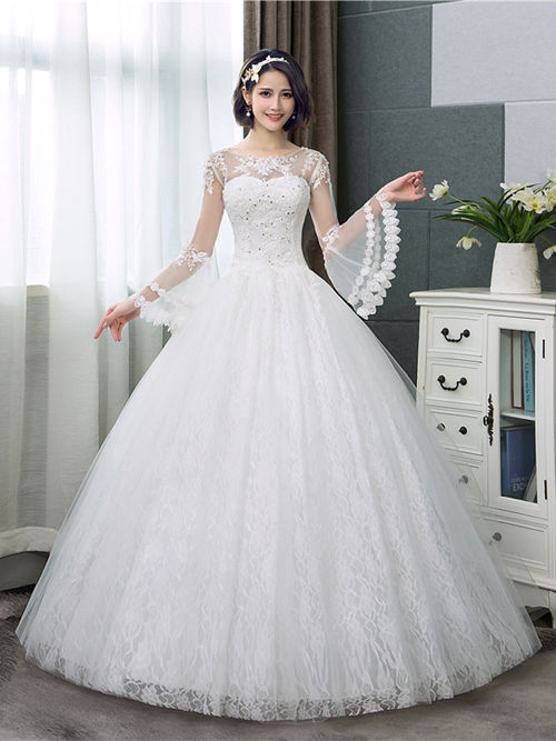 Ball Gown Bateau Lace Sleeves Bridal Wear 2018 Beads