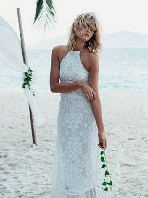 A-line Halter Floor Length Lace Beach Wedding Dress