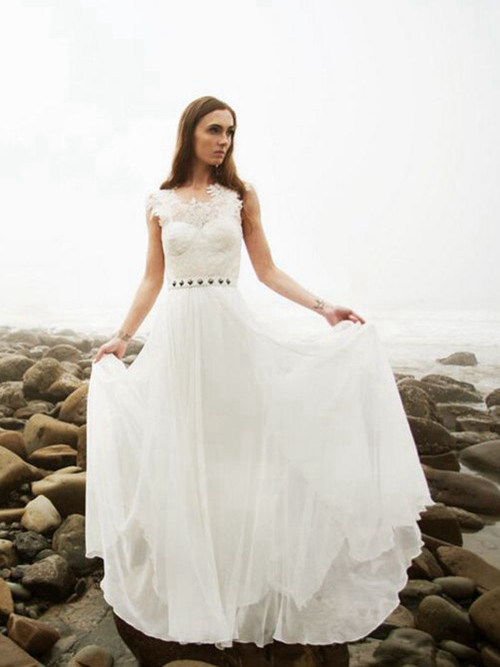 A-line Scoop Floor Length Chiffon Beach Wedding Dress