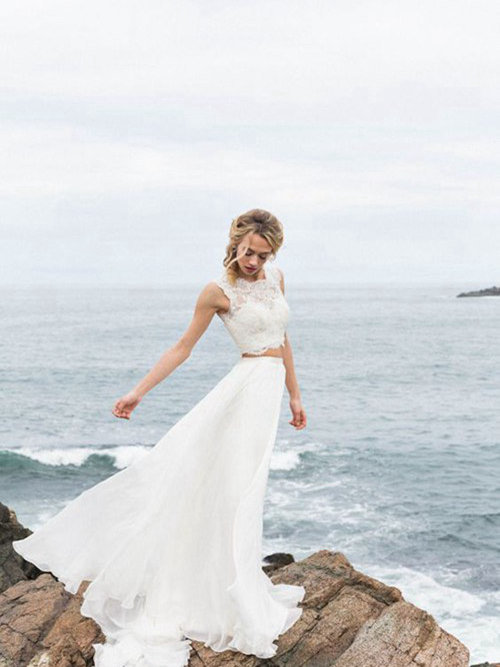 A-line Sweep Train Chiffon 2 Piece Beach Wedding Dress
