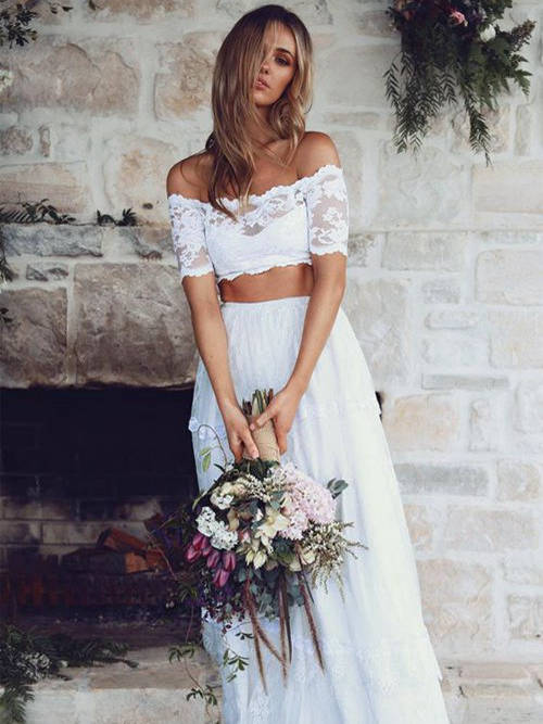 A-line Off Shoulder 2 Piece Beach Bridal Dress