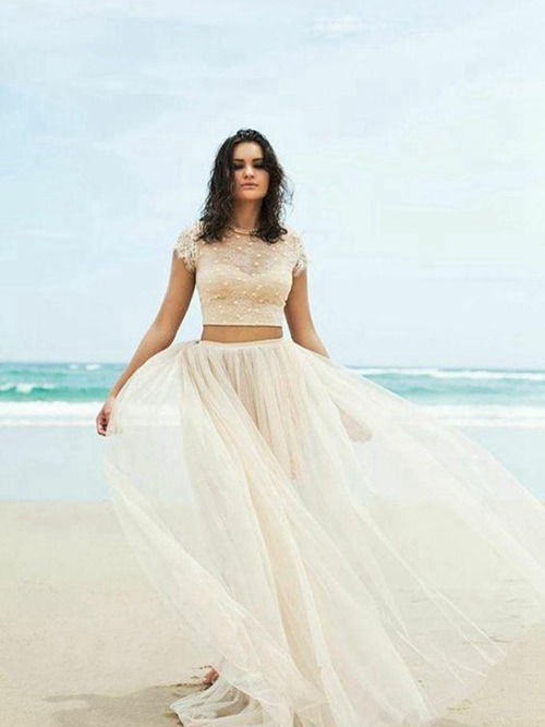 A-line Scoop Floor Length Tulle 2 Piece Beach Wedding Dress