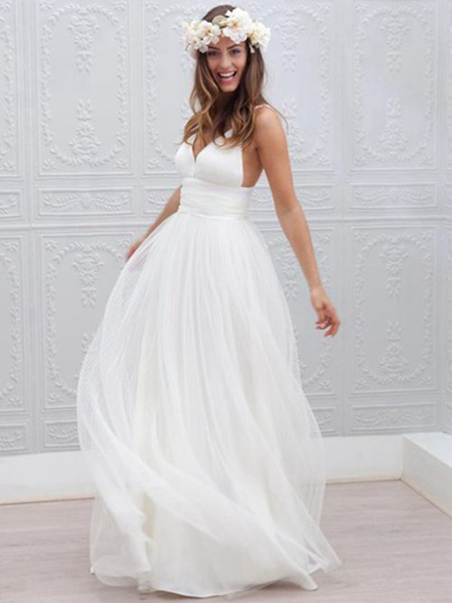 A-line V Neck Floor Length Chiffon Beach Bridal Gown