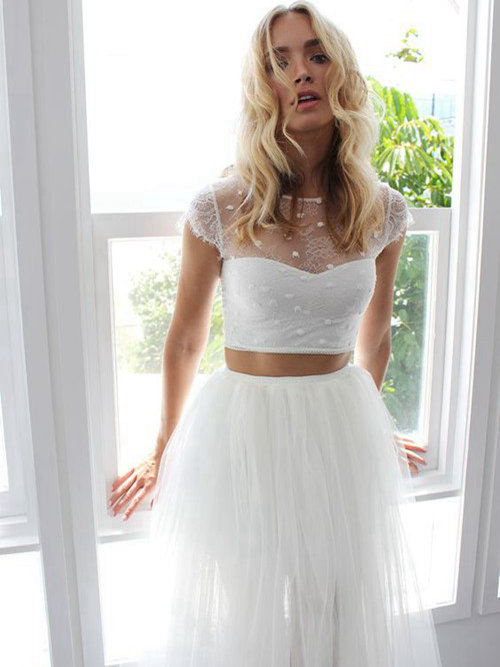 A-line Sheer Tulle Two Pieces Beach Wedding Dress