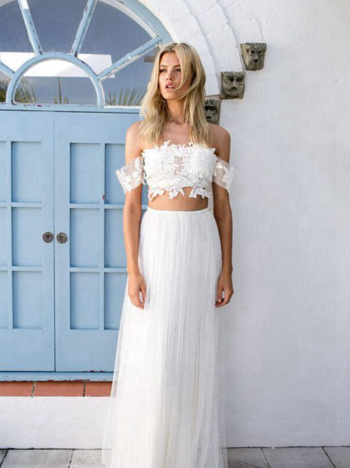 A-line Off Shoulder Tulle 2 Pieces Beach Bridal Gown