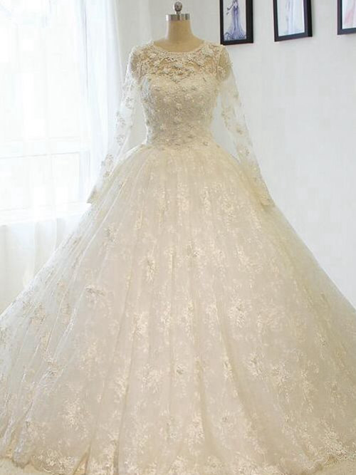 Princess Scoop Lace Long Sleeves Beach Bridal Dress