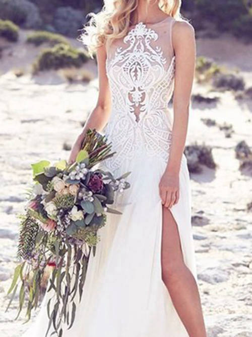 A-line Sheer Floor Length Chiffon Beach Bridal Wear