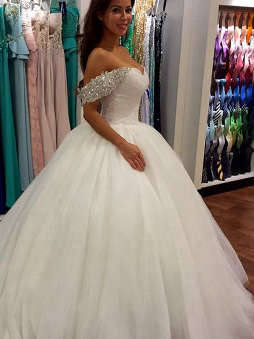 Ball Gown Off Shoulder Sweep Train Organza Bridal Dress