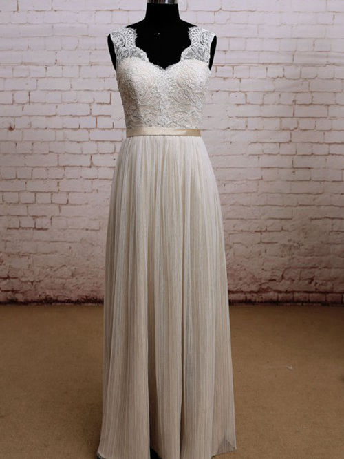 Sheath V Neck Floor Length Chiffon Lace Wedding Dress