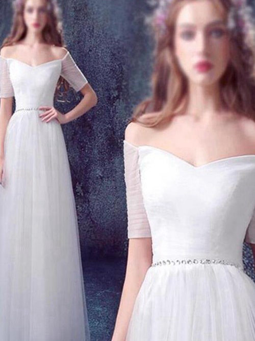 A-line Off Shoulder Floor Length Tulle Beach Wedding Dress