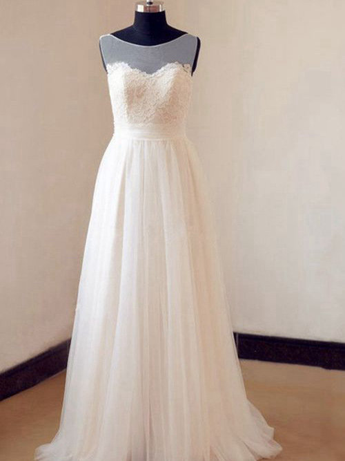 A-line Sheer Floor Length Tulle Lace Beach Wedding Dress