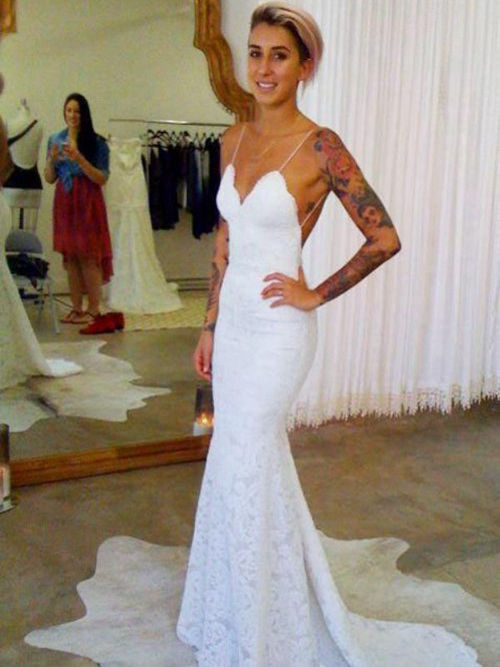 Mermaid Spaghetti Straps Sweep Train Lace Beach Wedding Dress
