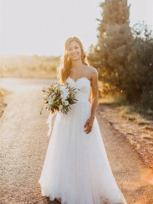 A-line Sweetheart Floor Length Tulle Beach Wedding Dress