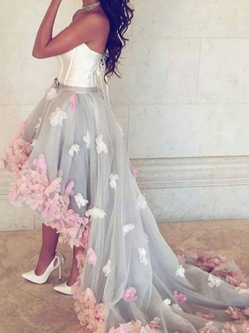 A-line Sweetheart High Low Tulle Beach Wedding Dress Flower