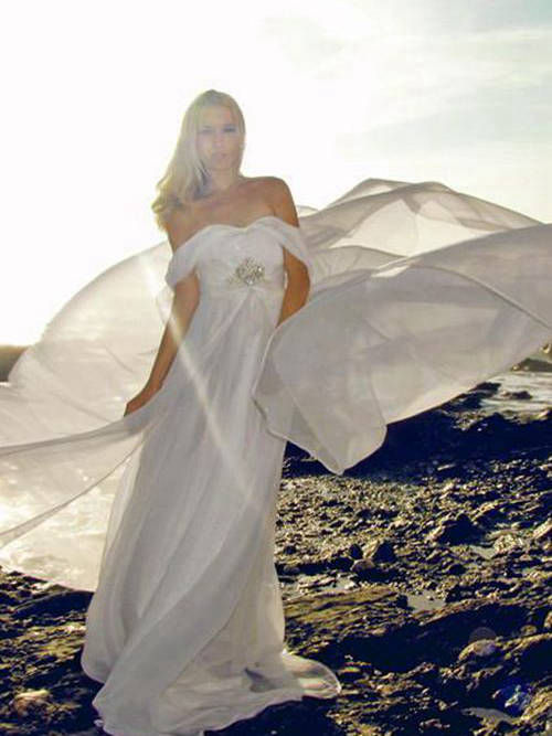 Sheath Off Shoulder Floor Length Chiffon Beach Wedding Dress