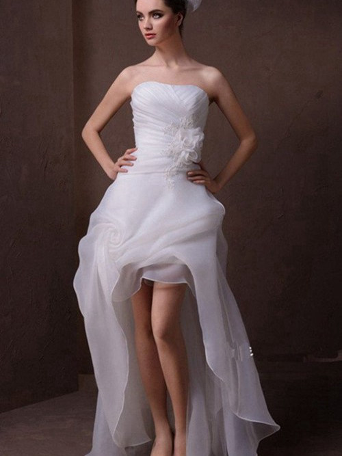 A-line Strapless High Low Organza Beach Wedding Dress