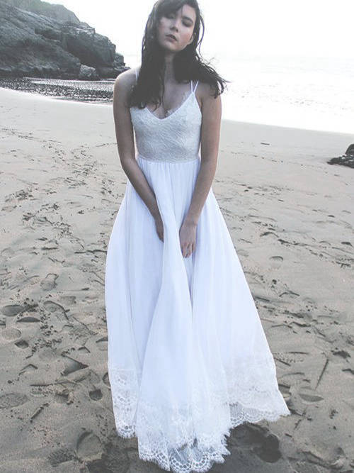 A-line Spaghetti Straps Chiffon Lace Beach Wedding Dress
