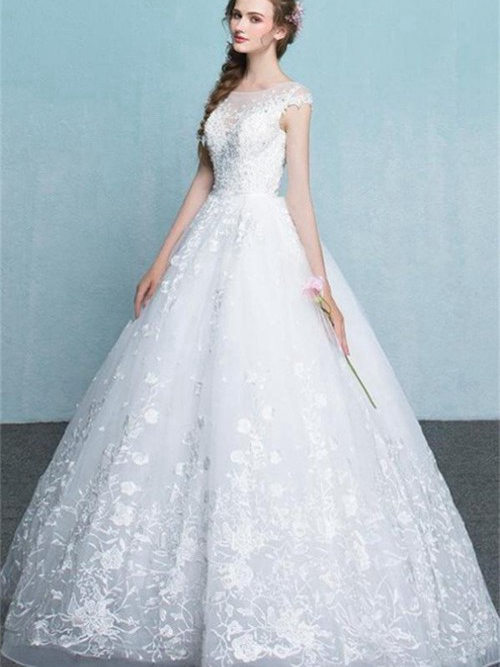 Princess Sheer Floor Length Organza Beach Bridal Dress Applique