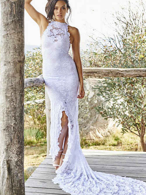 Sheath High Neck Court Train Lace Beach Wedding Dress