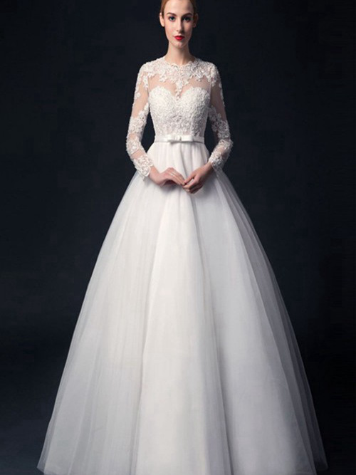 A-line Sheer Floor Length Organza Lace Beach Bridal Gown