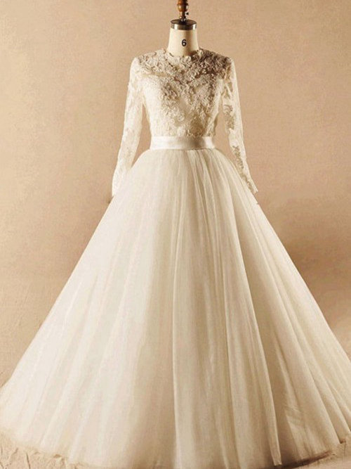 A-line Jewel Floor Length Organza Beach Wedding Dress Long Sleev