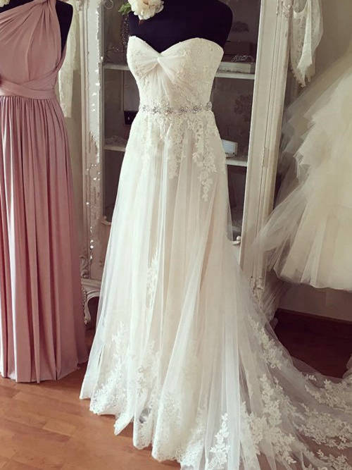 A-line Sweetheart Court Train Lace Beach Wedding Gown