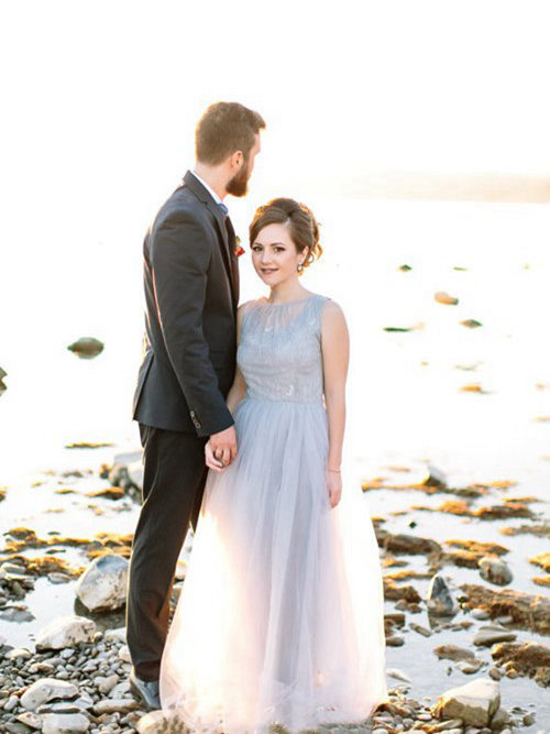 A-line Jewel Floor Length Organza Beach Wedding Dress