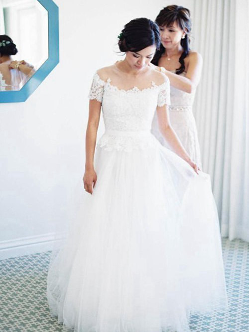 A-line Off Shoulder Floor Length Lace Tulle Beach Wedding Dress