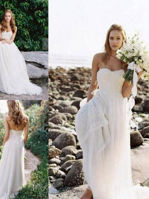 A-line Sweetheart Brush Train Chiffon Beach Wedding Gown