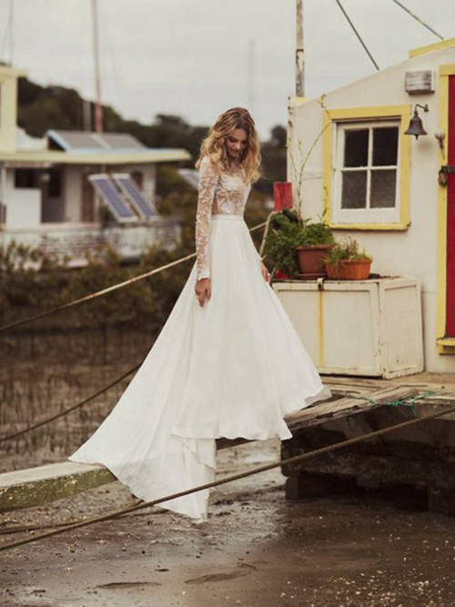 A-line Sheer Court Train Chiffon Lace Beach Wedding Dress