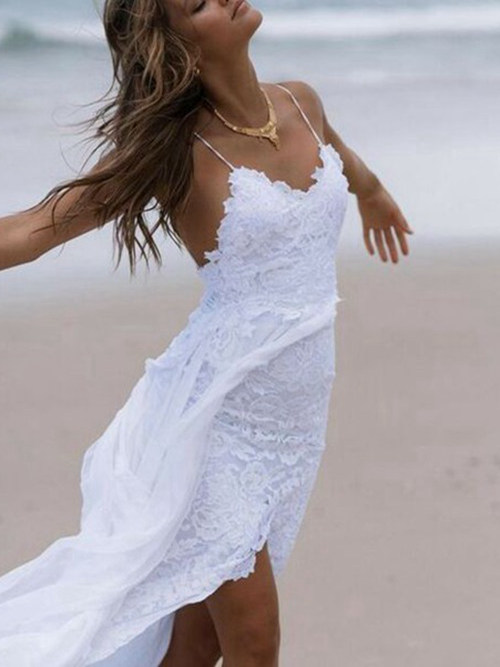 Sheath Spaghetti Straps High Low Lace Beach Wedding Dress