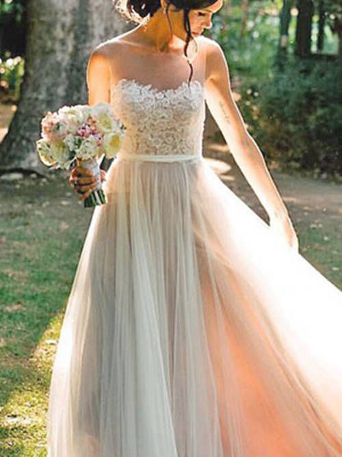 A-line Sweetheart Floor Length Tulle Beach Wedding Gown