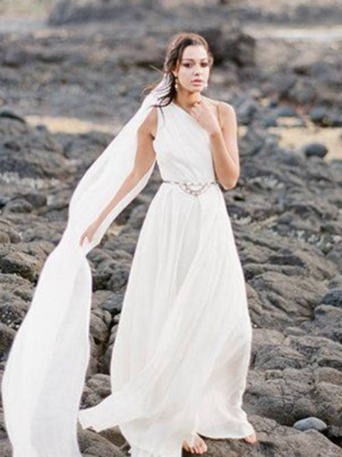 A-line One Shoulder Floor Length Chiffon Beach Wedding Dress
