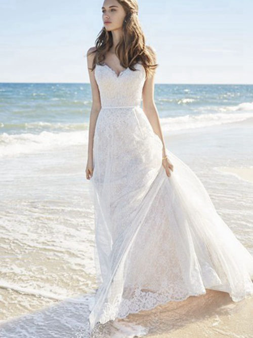 Sheath Sweetheart Floor Length Lace Beach Wedding Dress