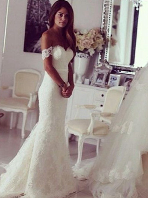 Mermaid Off Shoulder Sweep Train Lace Bridal Gown