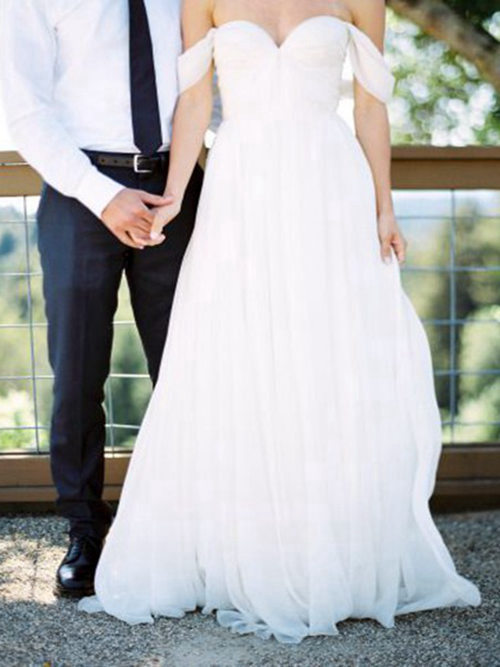 A-line Off Shoulder Floor Length Chiffon Beach Bridal Gown
