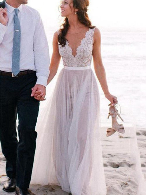 A-line V Neck Floor Length Tulle Beach Wedding Dress
